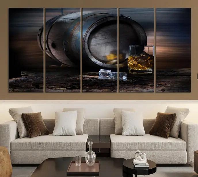 The room showcases the American Oak Whiskey Wall Art Canvas Print. This museum-quality canvas wall art, depicting a whiskey barrel and glass, comes ready to hang and is finished with a UV-protective coating for enduring elegance and style.