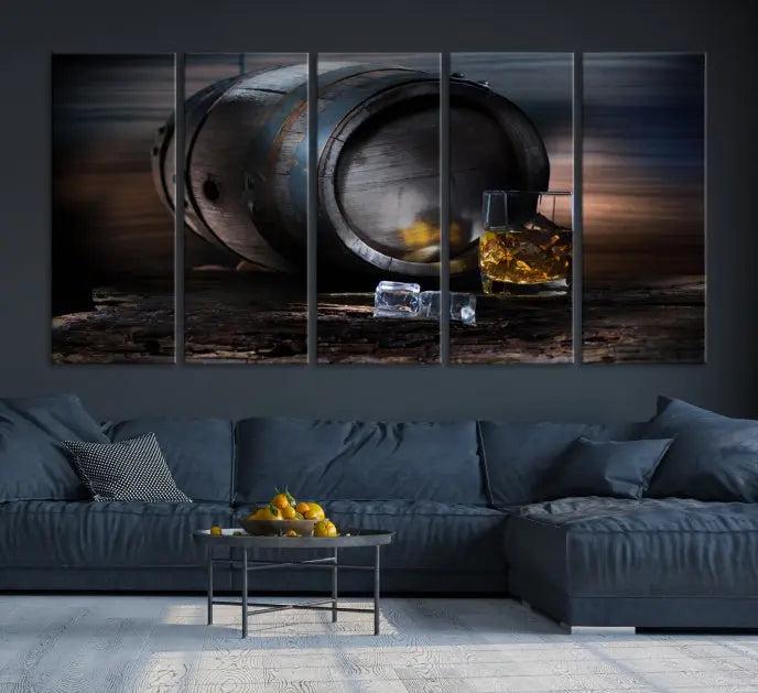 The room showcases the American Oak Whiskey Wall Art Canvas Print. This museum-quality canvas wall art, depicting a whiskey barrel and glass, comes ready to hang and is finished with a UV-protective coating for enduring elegance and style.