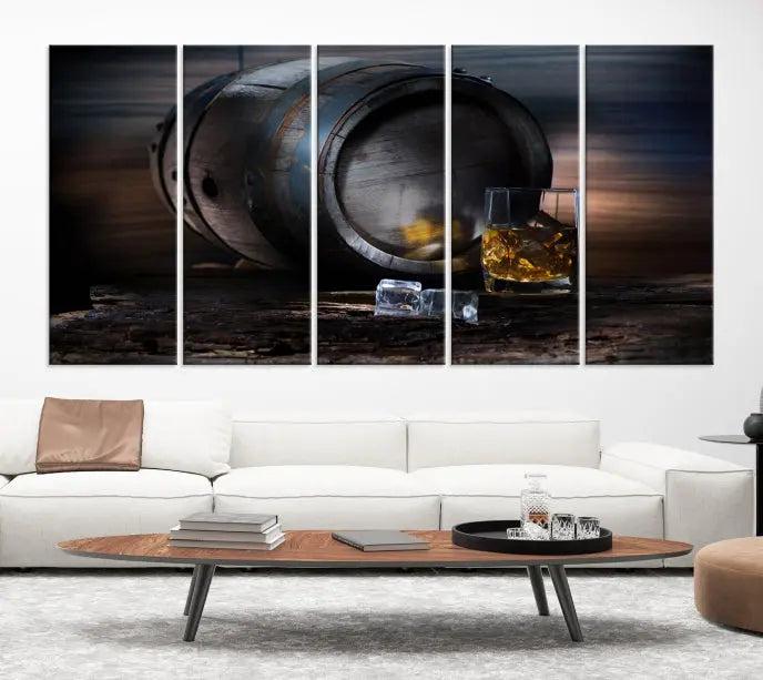 The room showcases the American Oak Whiskey Wall Art Canvas Print. This museum-quality canvas wall art, depicting a whiskey barrel and glass, comes ready to hang and is finished with a UV-protective coating for enduring elegance and style.