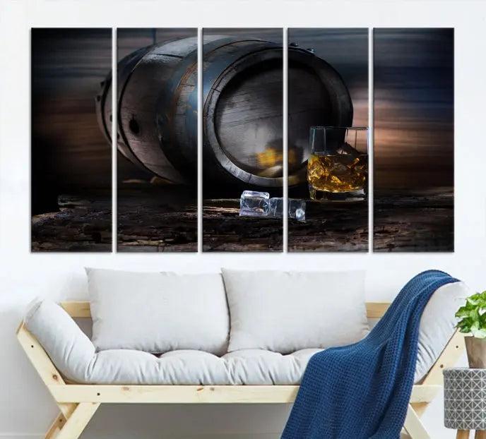 The room showcases the American Oak Whiskey Wall Art Canvas Print. This museum-quality canvas wall art, depicting a whiskey barrel and glass, comes ready to hang and is finished with a UV-protective coating for enduring elegance and style.