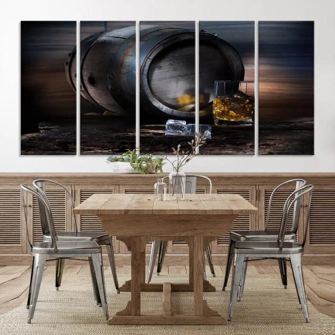 The room showcases the American Oak Whiskey Wall Art Canvas Print. This museum-quality canvas wall art, depicting a whiskey barrel and glass, comes ready to hang and is finished with a UV-protective coating for enduring elegance and style.