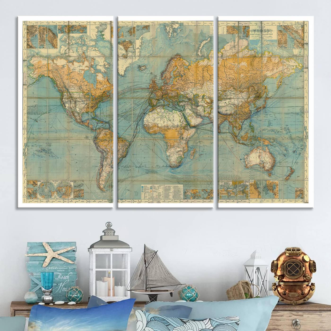 10247-MGV-CV-36X24-Ancient Nautical World Map Canvas Print - Antique Maritime Chart Art, Ideal for Home Office Decor or Study Room Decor Vintage Travel Tracker