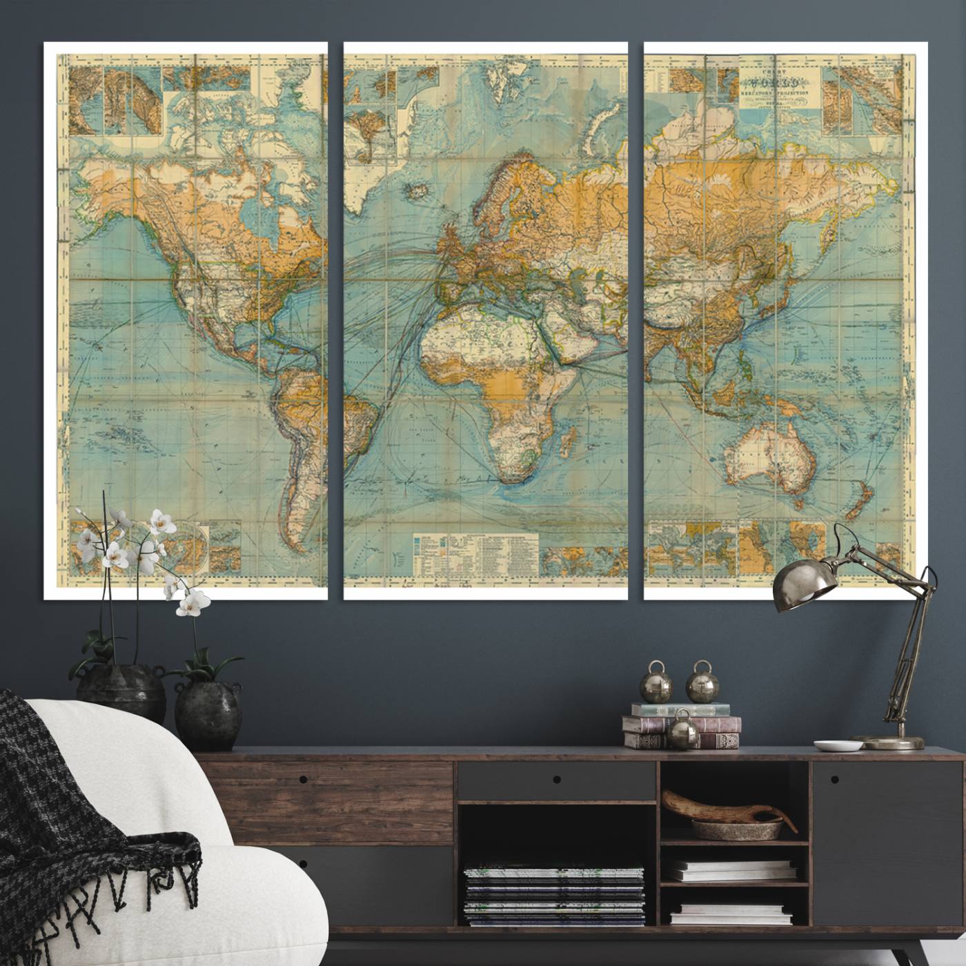 10247-MGV-CV-36X24-Ancient Nautical World Map Canvas Print - Antique Maritime Chart Art, Ideal for Home Office Decor or Study Room Decor Vintage Travel Tracker