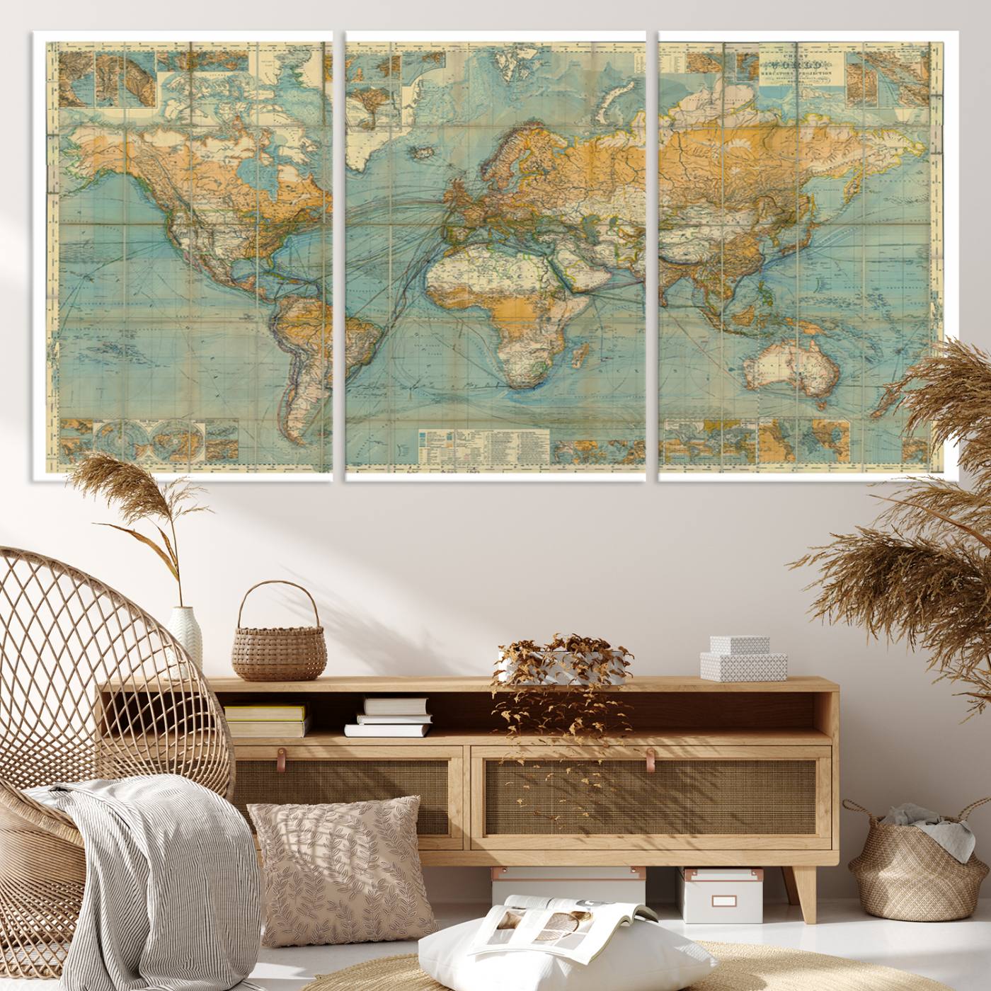 10247-MGV-CV-36X24-Ancient Nautical World Map Canvas Print - Antique Maritime Chart Art, Ideal for Home Office Decor or Study Room Decor Vintage Travel Tracker