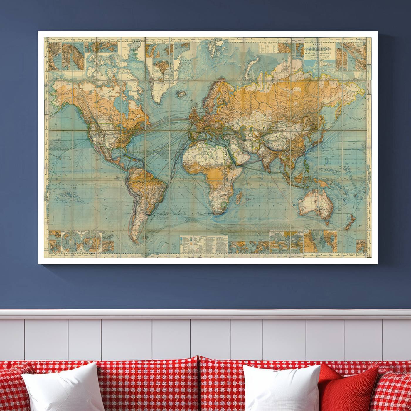 10247-MGV-CV-36X24-Ancient Nautical World Map Canvas Print - Antique Maritime Chart Art, Ideal for Home Office Decor or Study Room Decor Vintage Travel Tracker