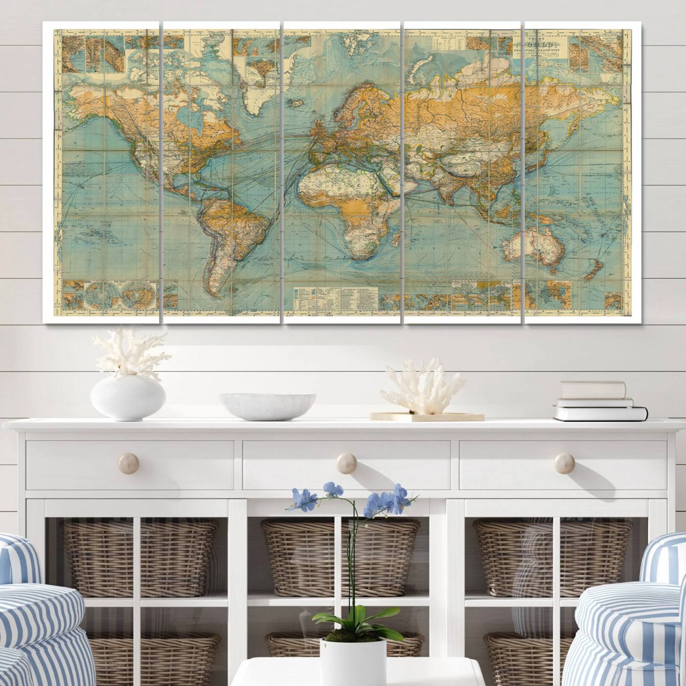 10247-MGV-CV-60X31-5P-Ancient Nautical World Map Canvas Print - Antique Maritime Chart Art, Ideal for Home Office Decor or Study Room Decor Vintage Travel Tracker