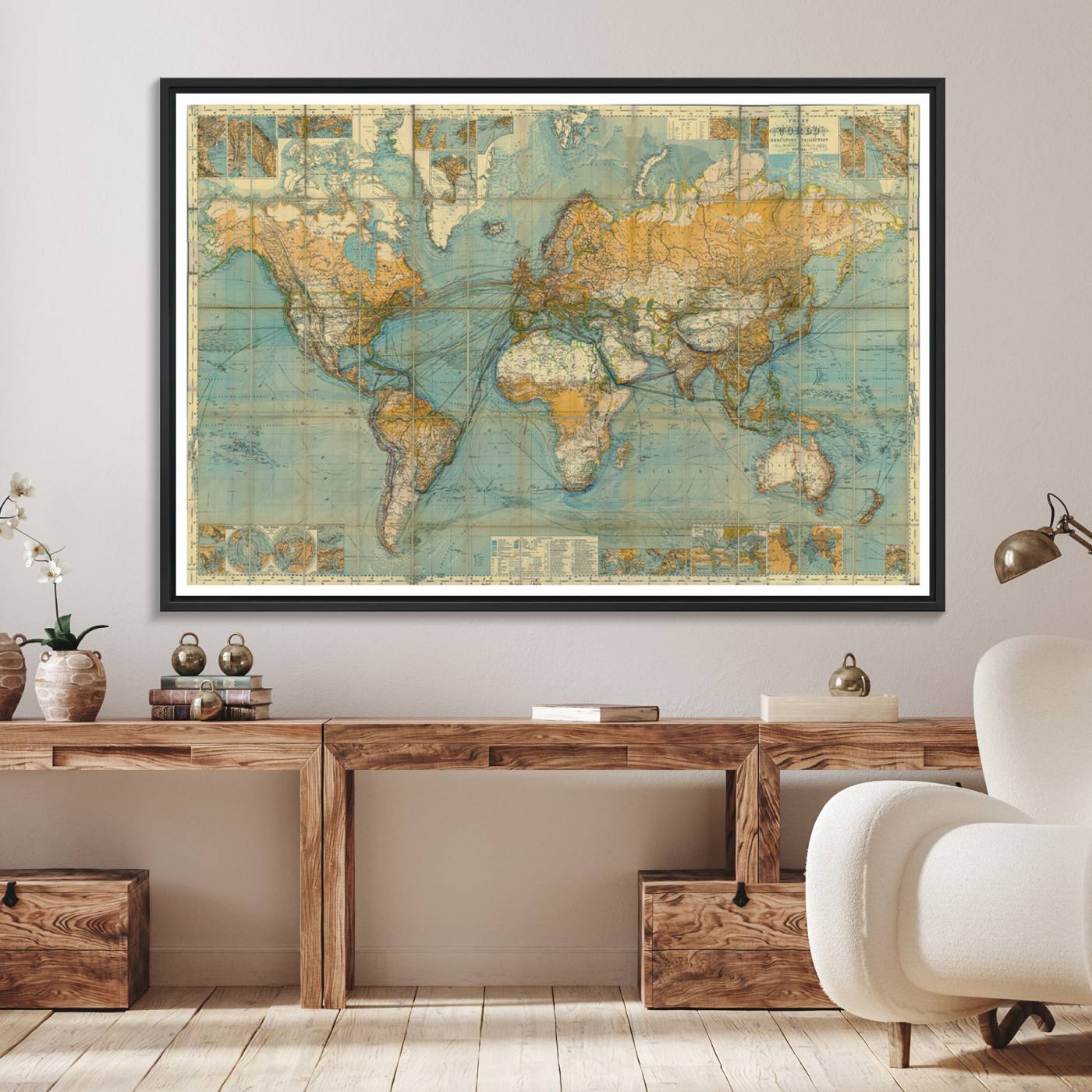 10247-MGV-FC-36X24_Black-Ancient Nautical World Map Canvas Print - Antique Maritime Chart Art, Ideal for Home Office Decor or Study Room Decor Vintage Travel Tracker