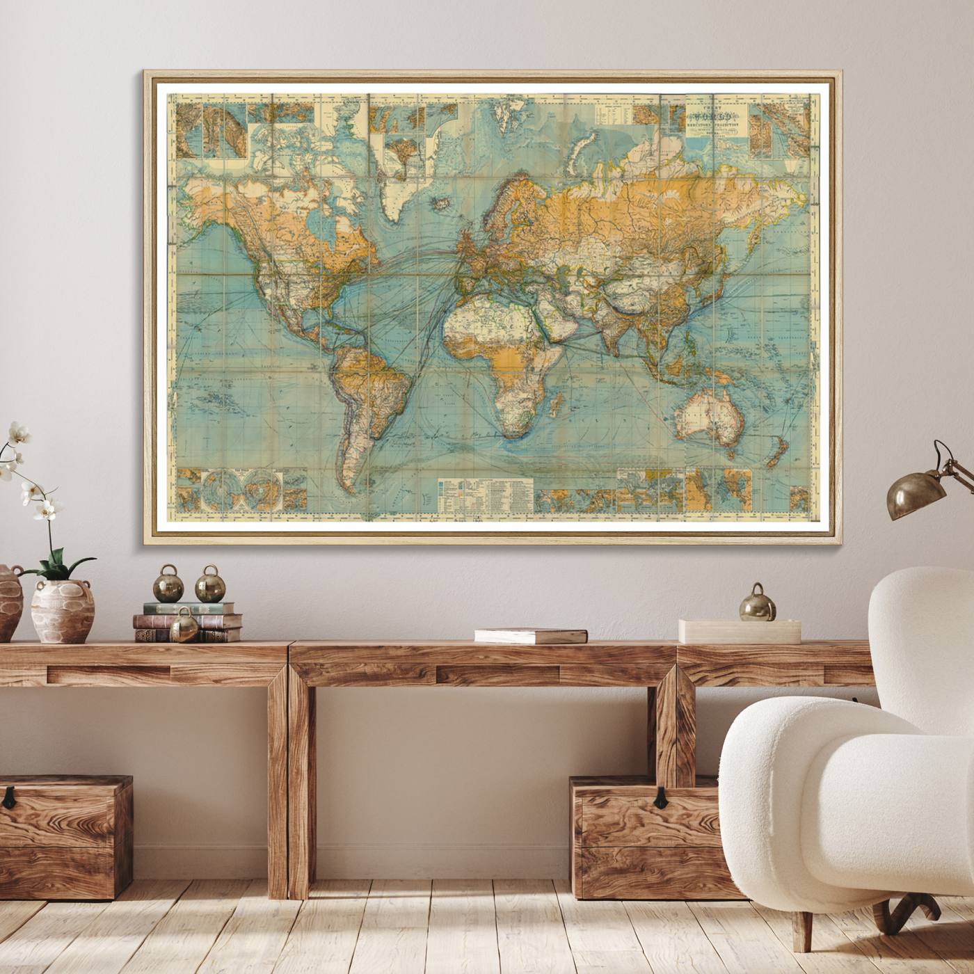10247-MGV-FC-36X24_Natural-Ancient Nautical World Map Canvas Print - Antique Maritime Chart Art, Ideal for Home Office Decor or Study Room Decor Vintage Travel Tracker