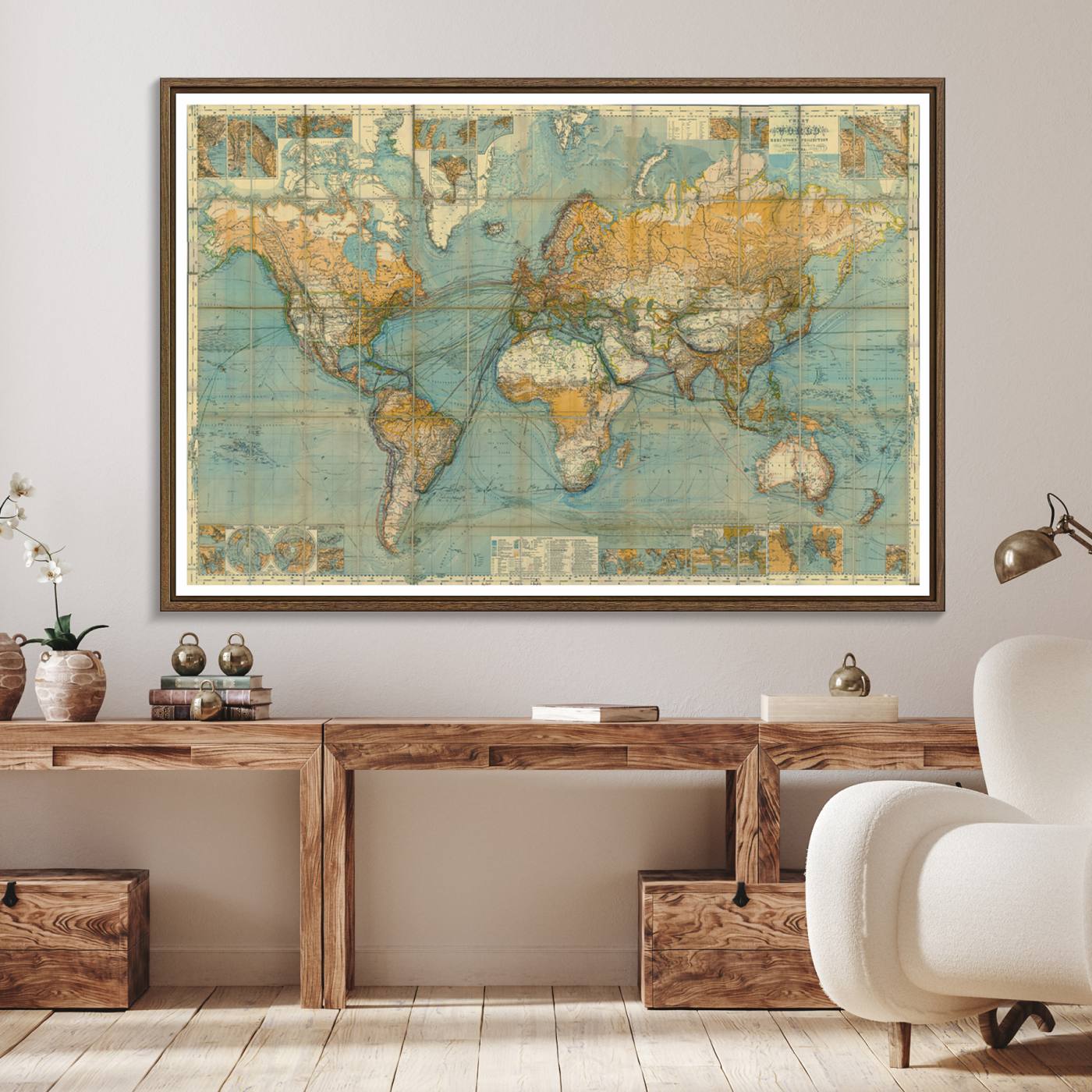 10247-MGV-FC-36X24_Walnut-Ancient Nautical World Map Canvas Print - Antique Maritime Chart Art, Ideal for Home Office Decor or Study Room Decor Vintage Travel Tracker