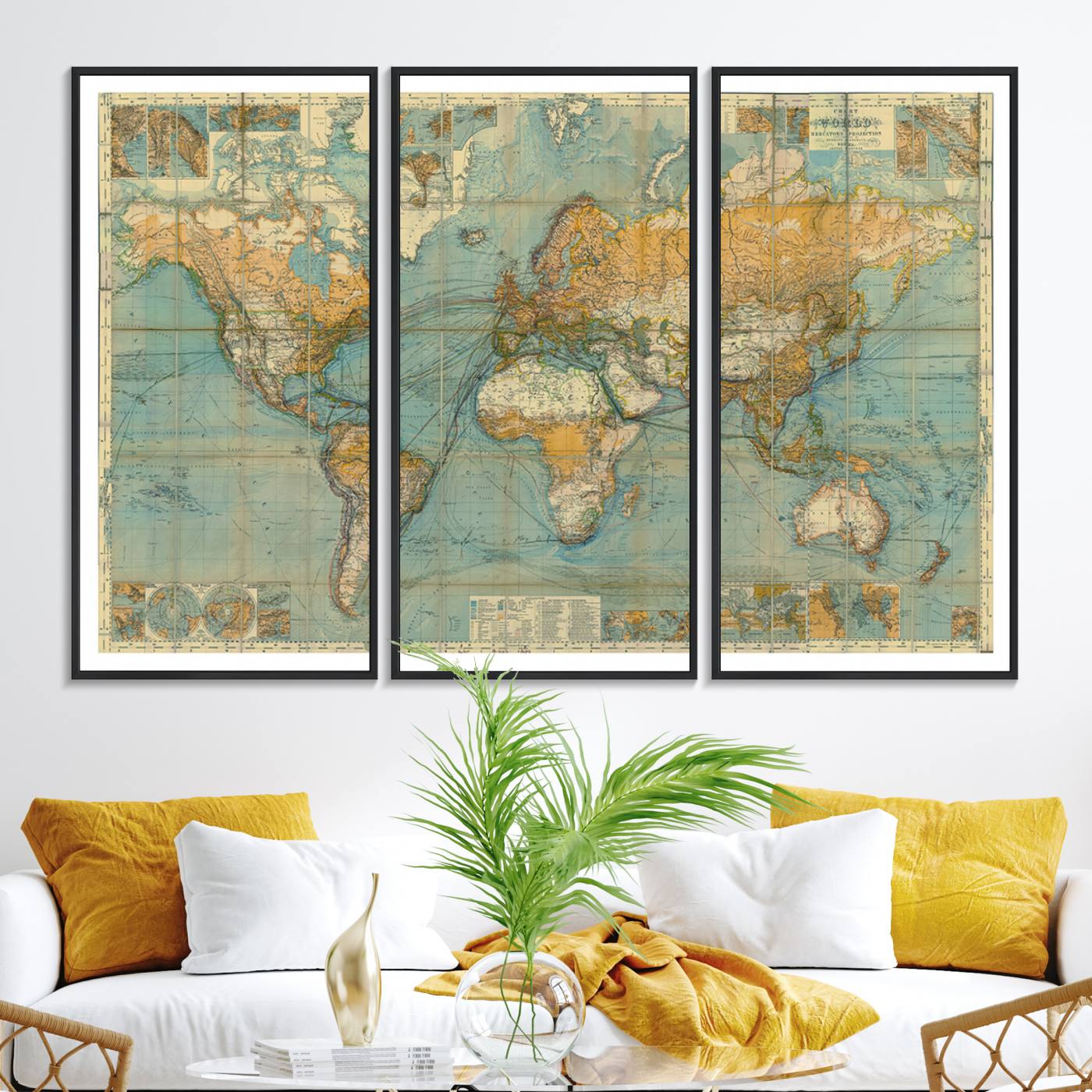 10247-MGV-FC-48X32-3P_Black-Ancient Nautical World Map Canvas Print - Antique Maritime Chart Art, Ideal for Home Office Decor or Study Room Decor Vintage Travel Tracker