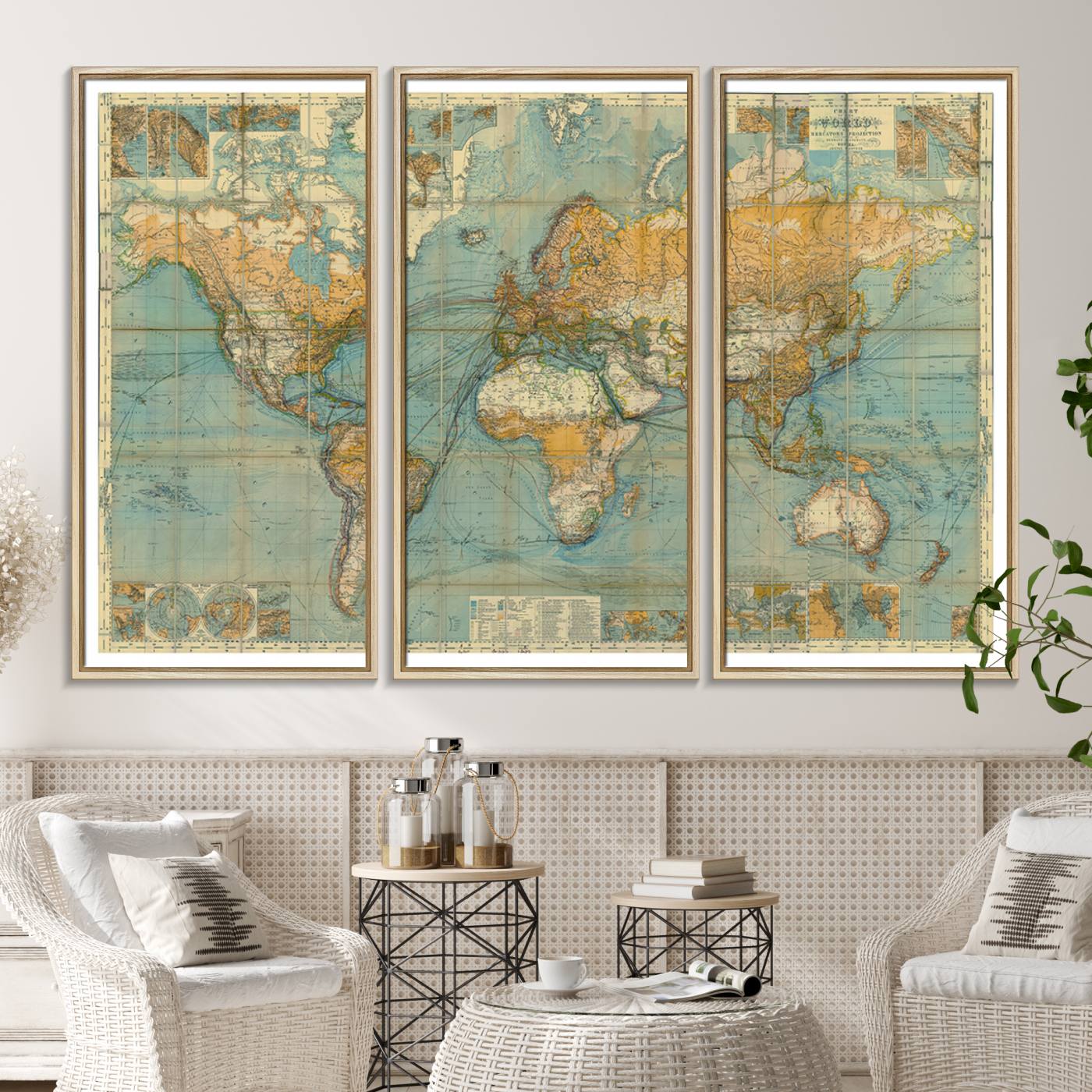 10247-MGV-FC-48X32-3P_Natural-Ancient Nautical World Map Canvas Print - Antique Maritime Chart Art, Ideal for Home Office Decor or Study Room Decor Vintage Travel Tracker