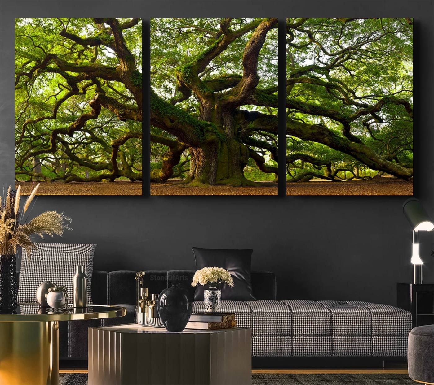 29407-MGV-CV-36X24-Angel Oak Tree Wall Art Canvas Print | Forest Tree Nature Photography Print on Canvas | Large Triptych Art for Living Room or Office Decor