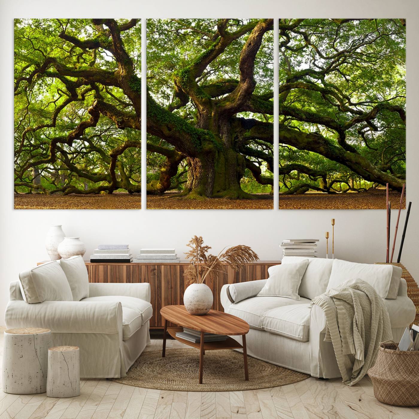 Angel Oak Tree Wall Art Canvas Print | Forest Tree Nature Photography Print on Canvas | Large Triptych Art for Living Room or Office Decor
