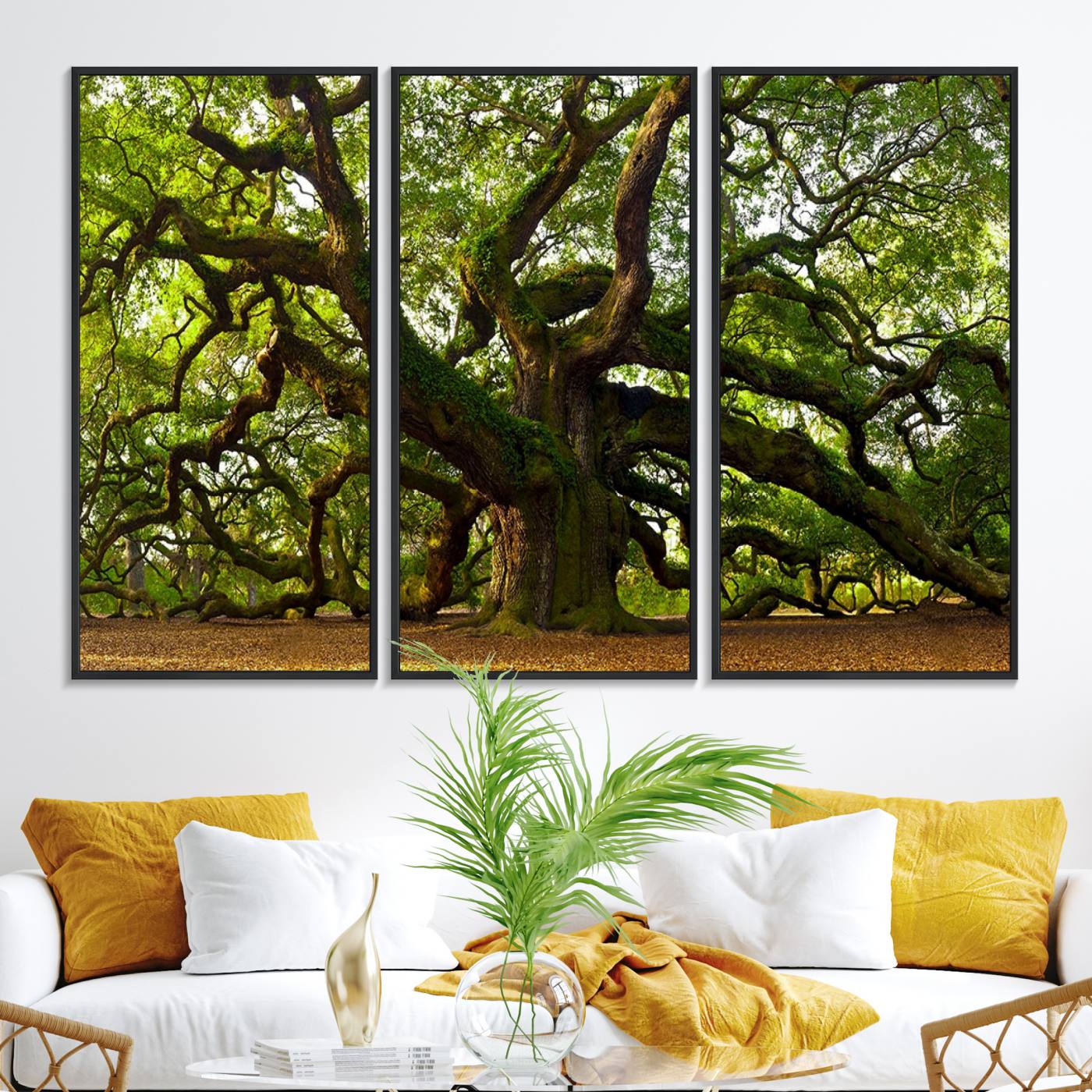 29407-MGV-FC-48X32-3P_Black-Angel Oak Tree Wall Art Canvas Print | Forest Tree Nature Photography Print on Canvas | Large Triptych Art for Living Room or Office Decor