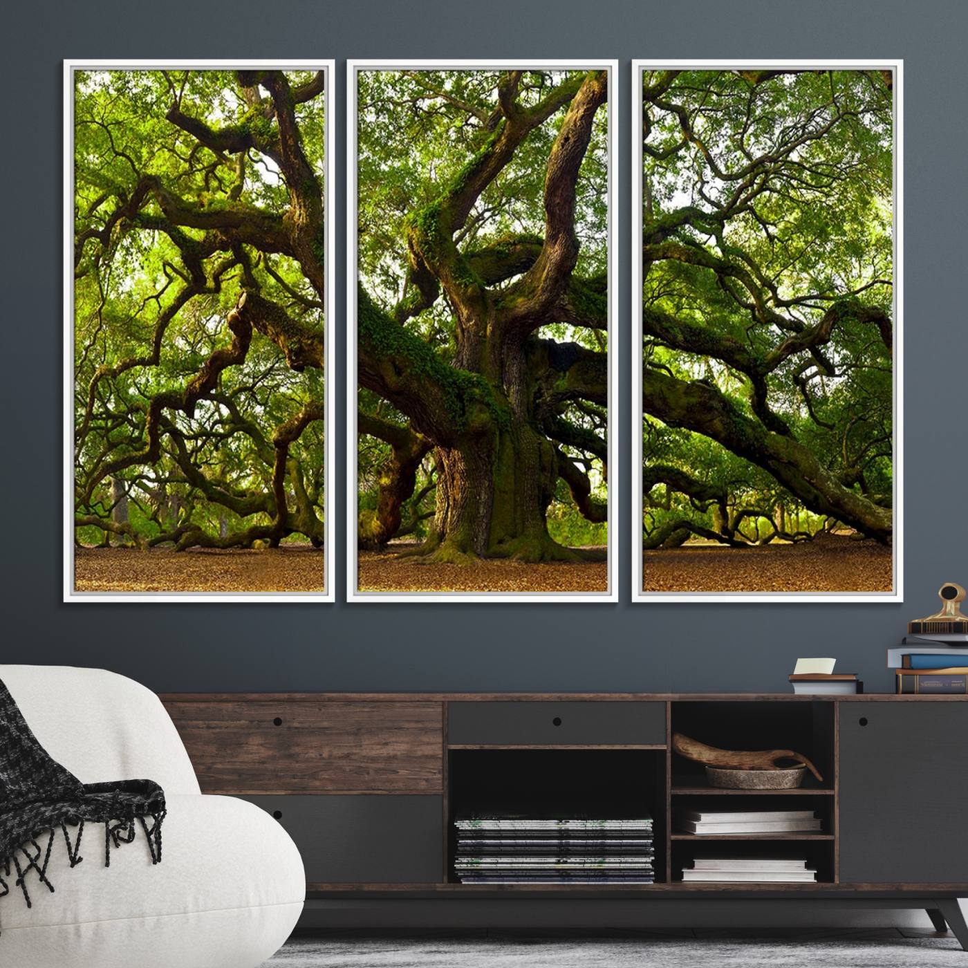 29407-MGV-FC-48X32-3P_White-Angel Oak Tree Wall Art Canvas Print | Forest Tree Nature Photography Print on Canvas | Large Triptych Art for Living Room or Office Decor