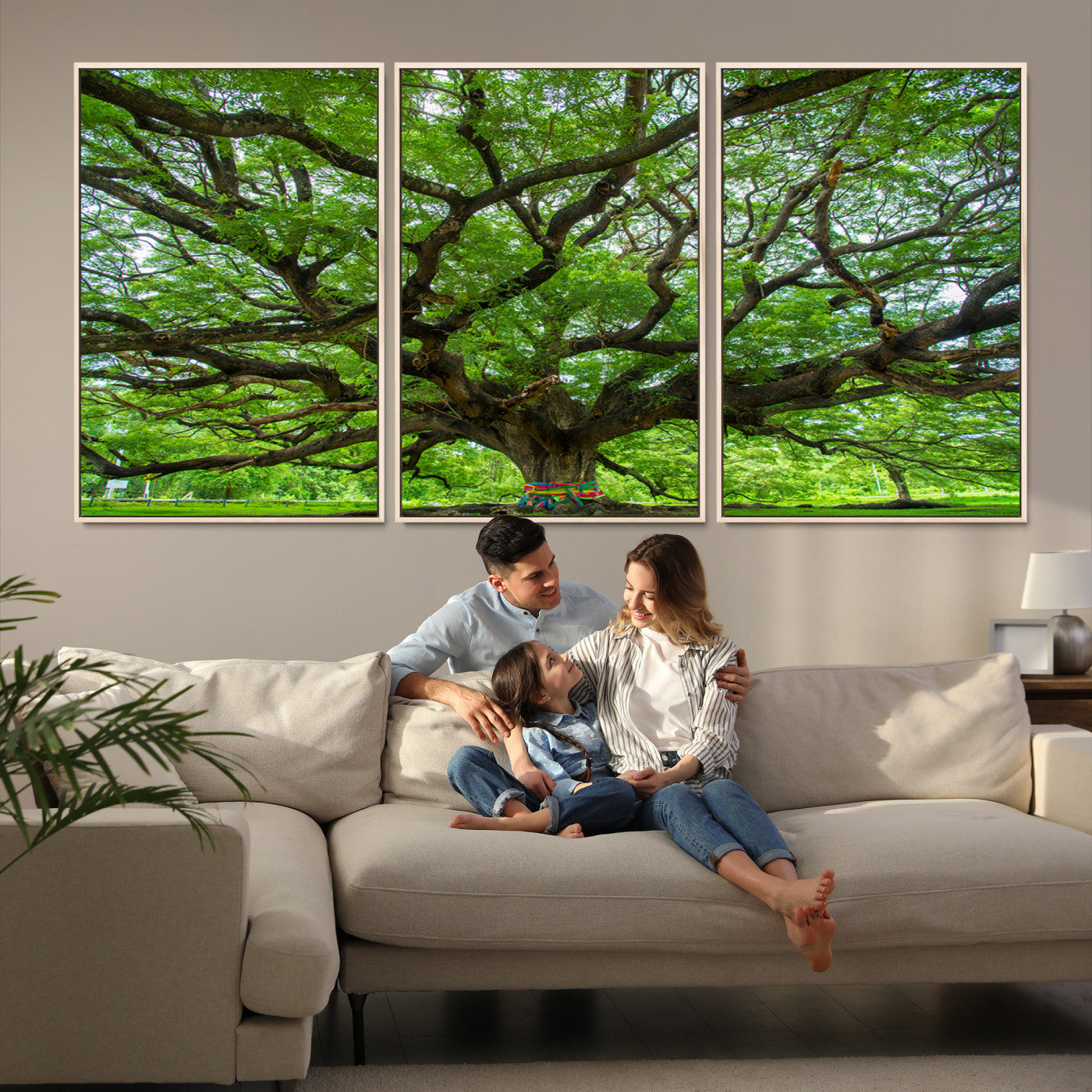 16118389-MGV-FC-60X30-3P_Natural-Angel Oak Tree Wall Art Canvas Print – Majestic Tree Landscape, Nature-Inspired Rustic Woodland Decor, Framed Artwork for Home, Office