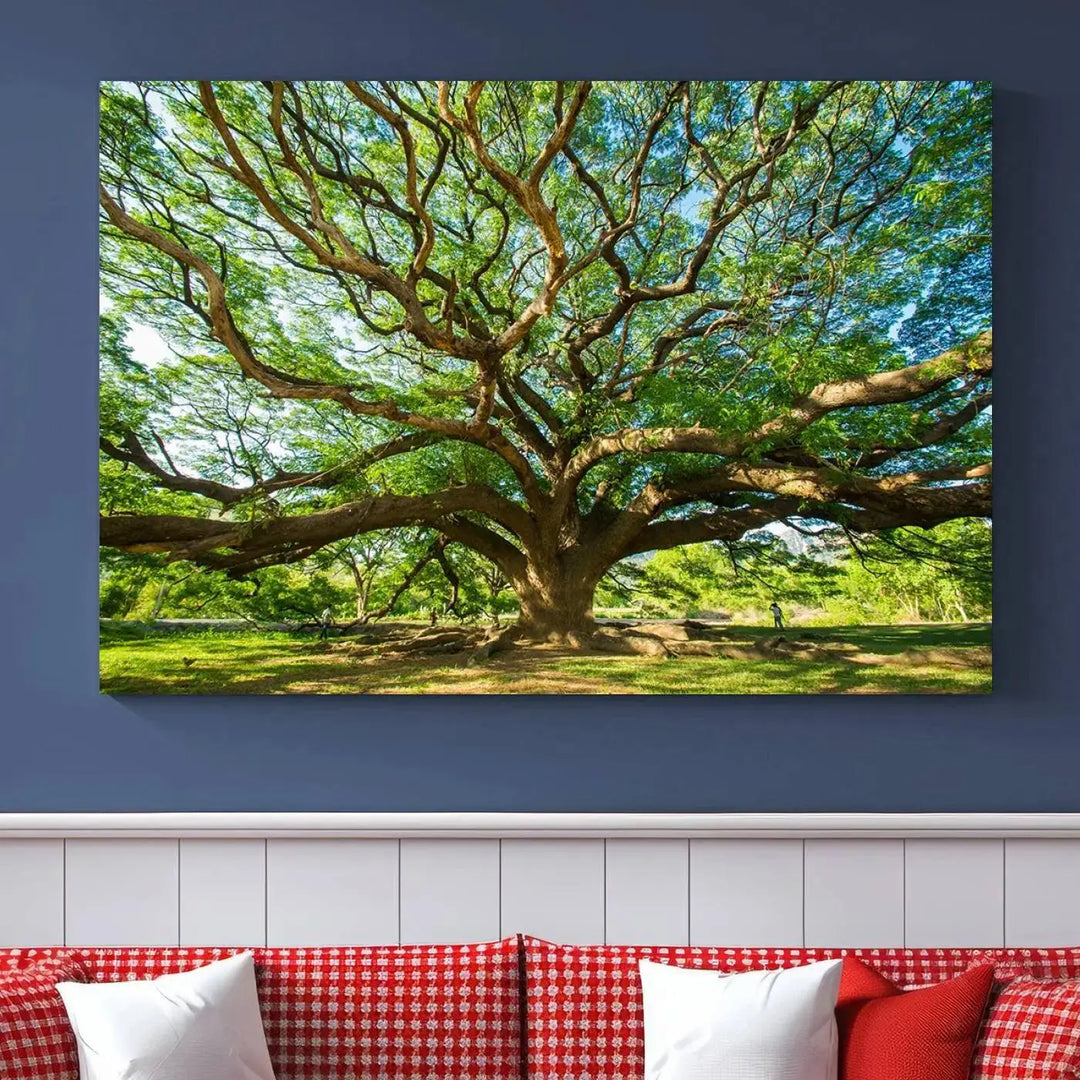 The Angel Oak Tree Wall Art, a multi-panel canvas print showcasing a large tree with sprawling branches and green leaves in a style reminiscent of the majestic Angel Oak Tree, elegantly adorns the wooden wall in the living room.