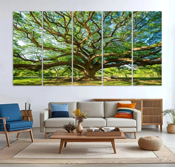 The Angel Oak Tree Wall Art, a multi-panel canvas print showcasing a large tree with sprawling branches and green leaves in a style reminiscent of the majestic Angel Oak Tree, elegantly adorns the wooden wall in the living room.