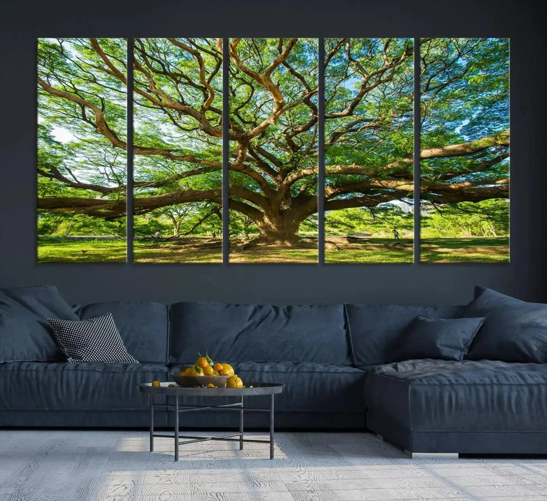 The Angel Oak Tree Wall Art, a multi-panel canvas print showcasing a large tree with sprawling branches and green leaves in a style reminiscent of the majestic Angel Oak Tree, elegantly adorns the wooden wall in the living room.