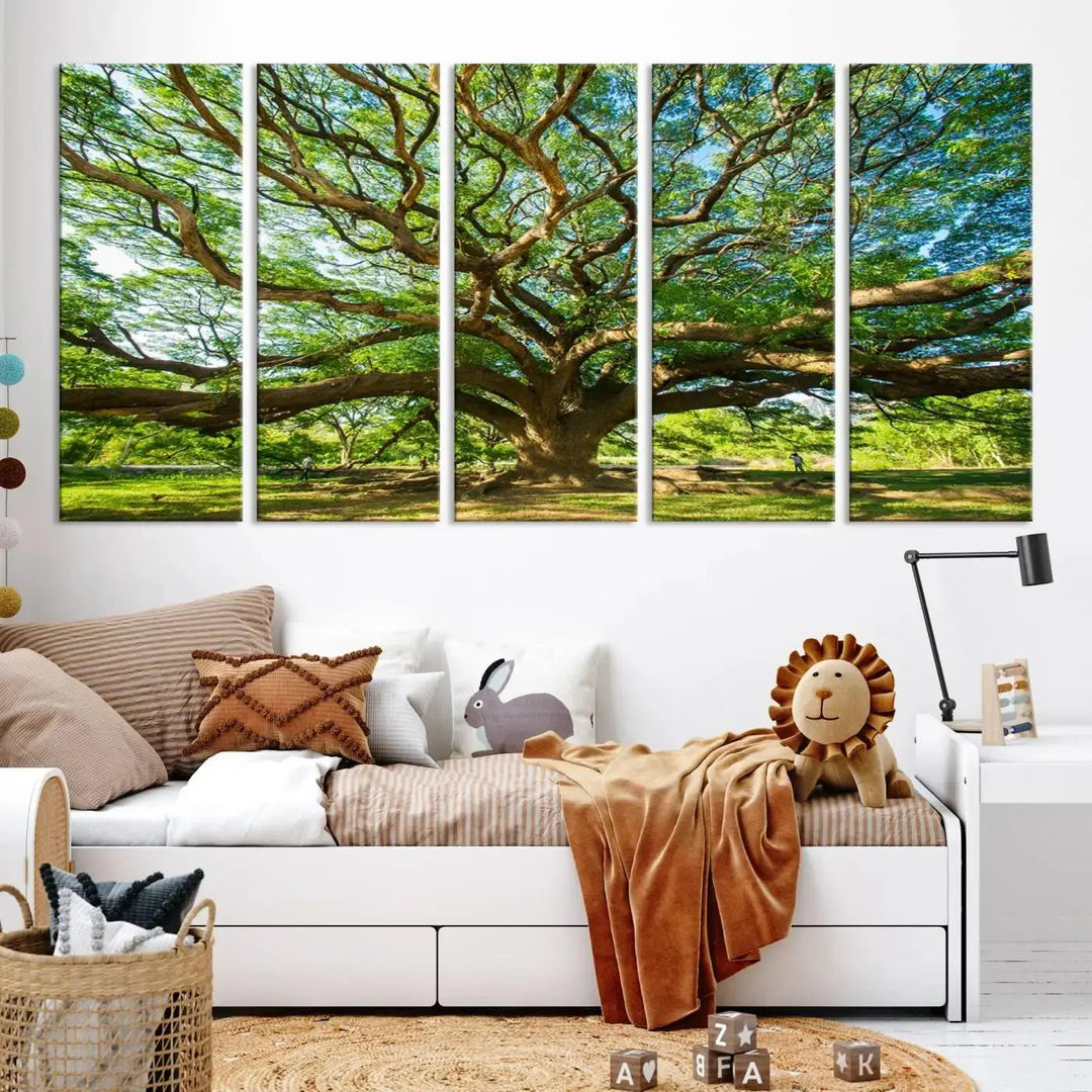 The Angel Oak Tree Wall Art, a multi-panel canvas print showcasing a large tree with sprawling branches and green leaves in a style reminiscent of the majestic Angel Oak Tree, elegantly adorns the wooden wall in the living room.