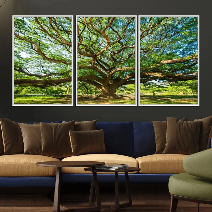 The Angel Oak Tree Wall Art, a multi-panel canvas print showcasing a large tree with sprawling branches and green leaves in a style reminiscent of the majestic Angel Oak Tree, elegantly adorns the wooden wall in the living room.