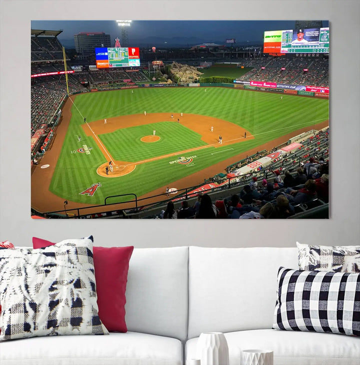 The living room features a sports-themed decor with a framed, ready-to-hang triptych of the Angel Stadium Aerial View – Los Angeles Angels Baseball Canvas Print.