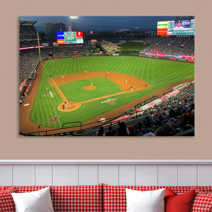 The living room features a sports-themed decor with a framed, ready-to-hang triptych of the Angel Stadium Aerial View – Los Angeles Angels Baseball Canvas Print.