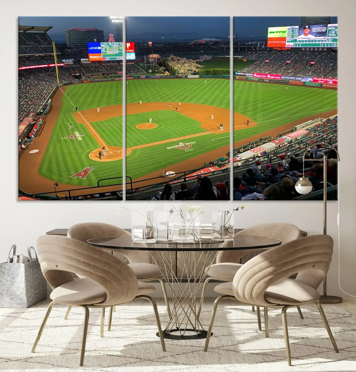 The living room features a sports-themed decor with a framed, ready-to-hang triptych of the Angel Stadium Aerial View – Los Angeles Angels Baseball Canvas Print.