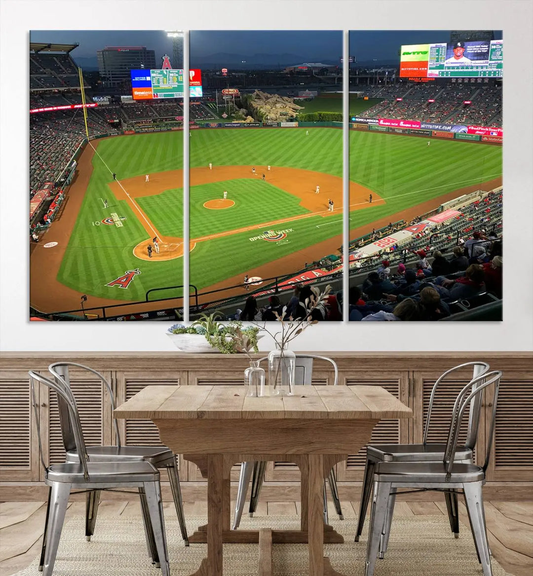 The living room features a sports-themed decor with a framed, ready-to-hang triptych of the Angel Stadium Aerial View – Los Angeles Angels Baseball Canvas Print.