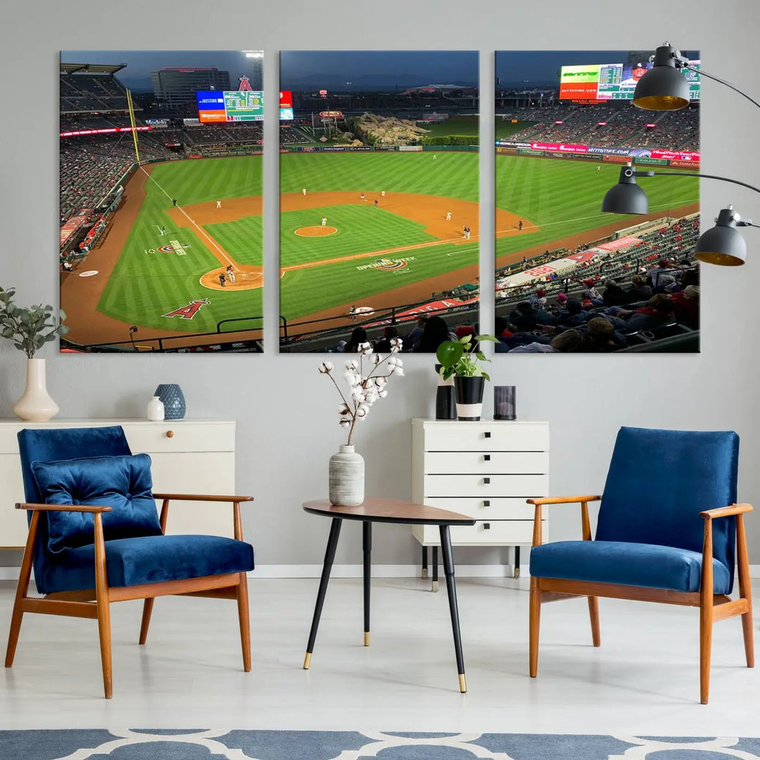 The living room features a sports-themed decor with a framed, ready-to-hang triptych of the Angel Stadium Aerial View – Los Angeles Angels Baseball Canvas Print.