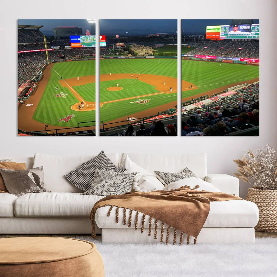 The living room features a sports-themed decor with a framed, ready-to-hang triptych of the Angel Stadium Aerial View – Los Angeles Angels Baseball Canvas Print.