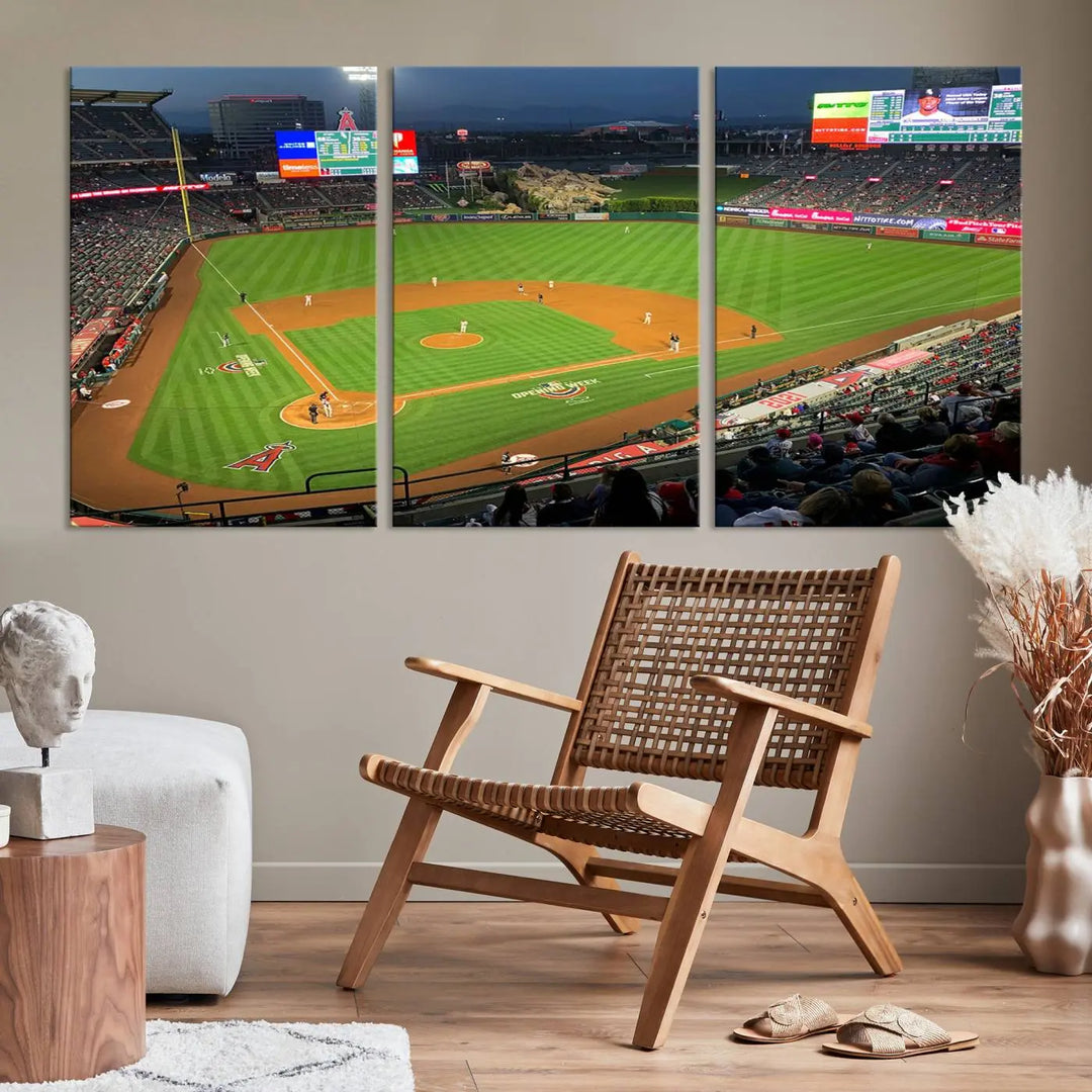 The living room features a sports-themed decor with a framed, ready-to-hang triptych of the Angel Stadium Aerial View – Los Angeles Angels Baseball Canvas Print.