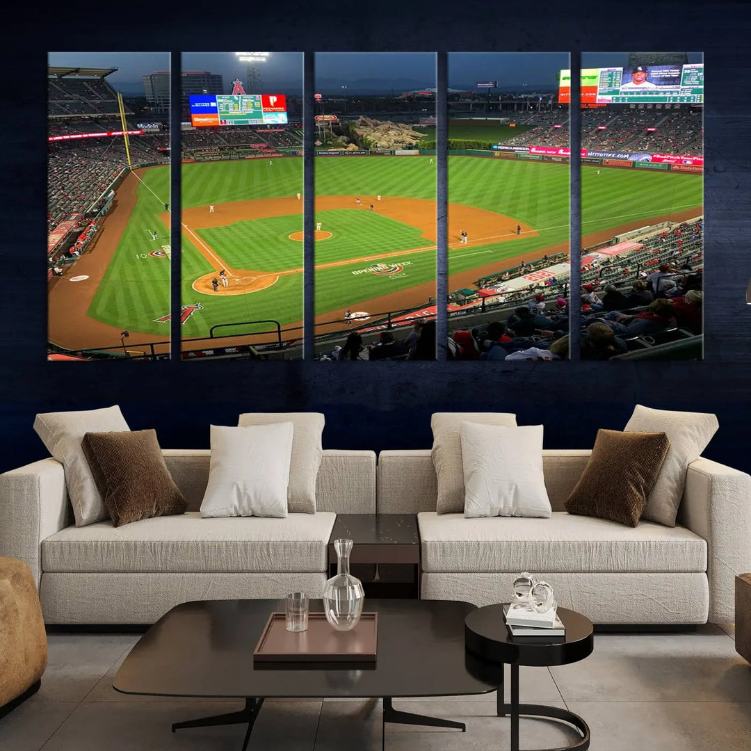 The living room features a sports-themed decor with a framed, ready-to-hang triptych of the Angel Stadium Aerial View – Los Angeles Angels Baseball Canvas Print.