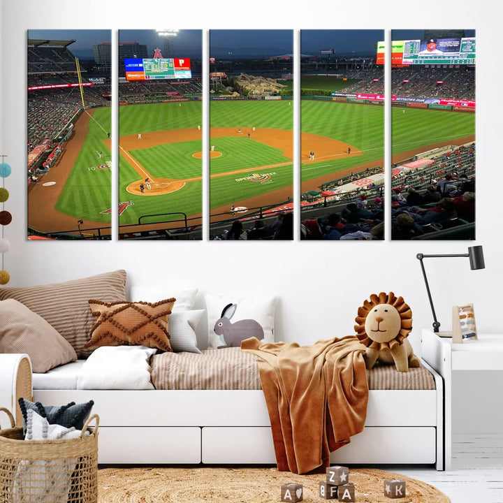 The living room features a sports-themed decor with a framed, ready-to-hang triptych of the Angel Stadium Aerial View – Los Angeles Angels Baseball Canvas Print.