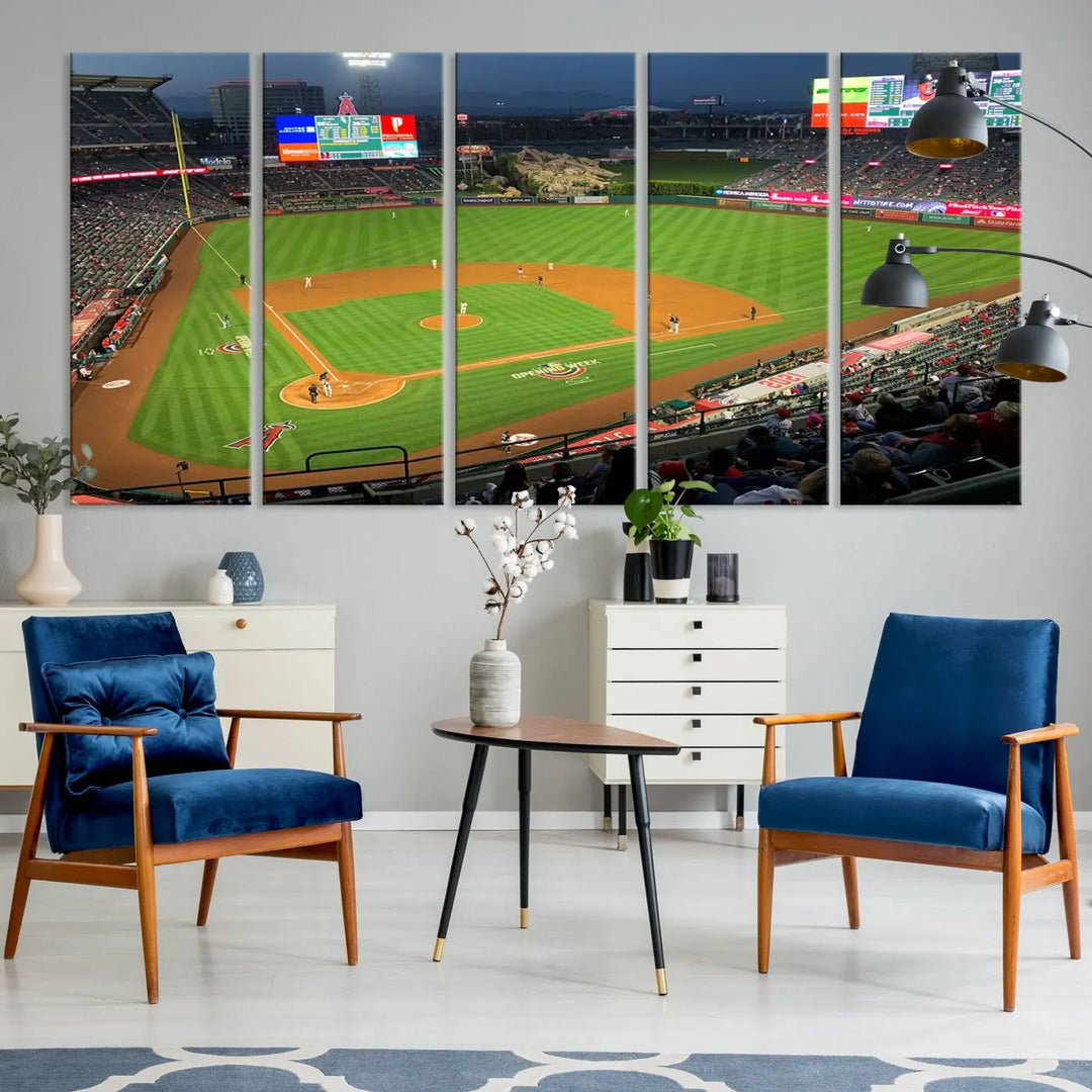 The living room features a sports-themed decor with a framed, ready-to-hang triptych of the Angel Stadium Aerial View – Los Angeles Angels Baseball Canvas Print.