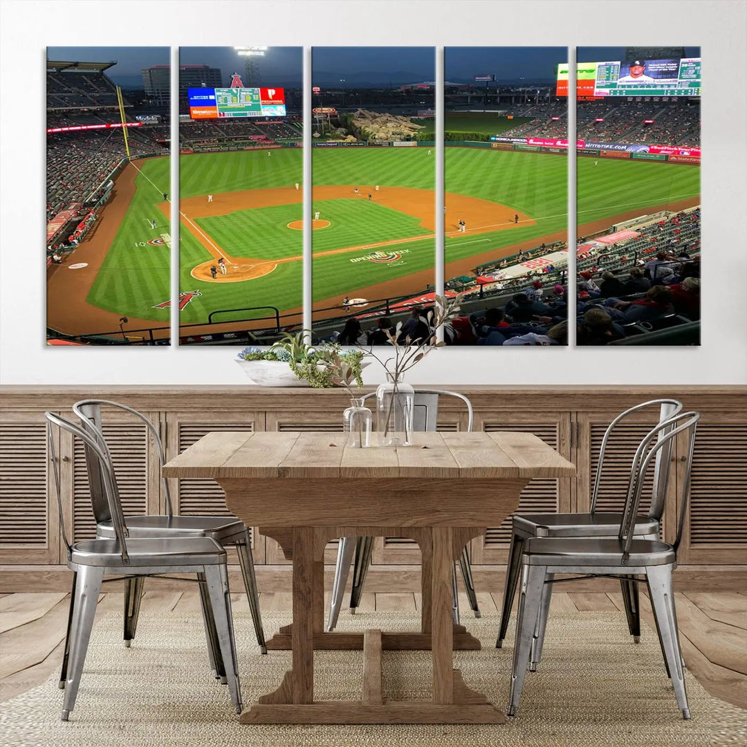 The living room features a sports-themed decor with a framed, ready-to-hang triptych of the Angel Stadium Aerial View – Los Angeles Angels Baseball Canvas Print.