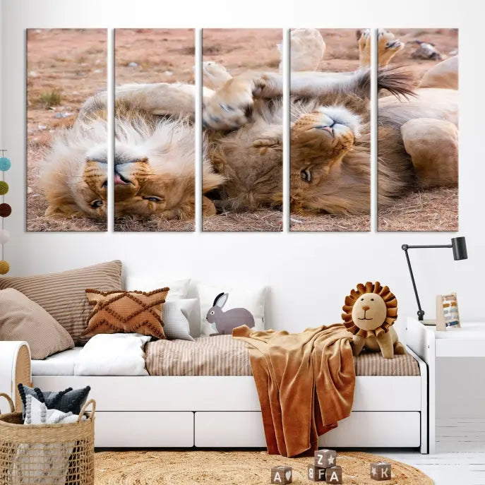 The Animal Wall Art Lion Canvas Print showcases two lions lounging on their backs, featured in a triptych configuration. This piece is printed on museum-quality canvas, comes ready to hang, and includes a UV-protective coating to maintain its vivid detail and elegance.