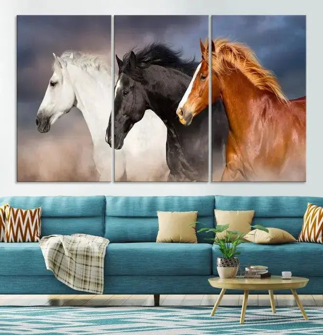 The modern living room is enhanced by the presence of the Animal Wall Art Three Horses Farmhouse Art Canvas Print, a triptych masterpiece. This gallery-wrapped piece is crafted on museum-quality canvas, ensuring a durable and fade-resistant finish with its UV-protective coating.