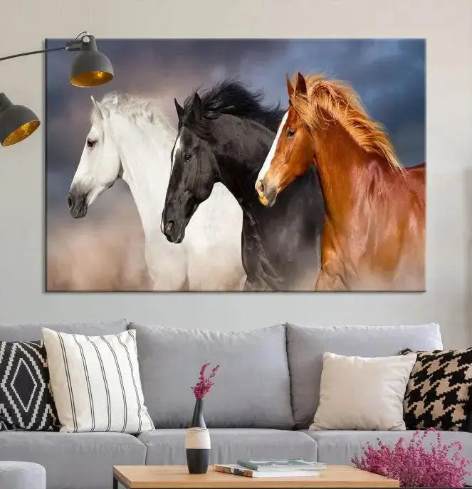 The modern living room is enhanced by the presence of the Animal Wall Art Three Horses Farmhouse Art Canvas Print, a triptych masterpiece. This gallery-wrapped piece is crafted on museum-quality canvas, ensuring a durable and fade-resistant finish with its UV-protective coating.