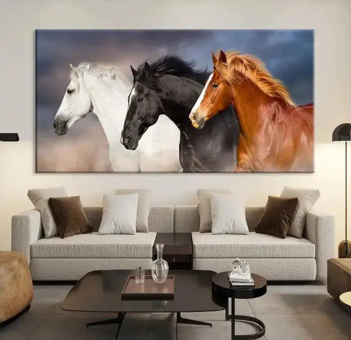 The modern living room is enhanced by the presence of the Animal Wall Art Three Horses Farmhouse Art Canvas Print, a triptych masterpiece. This gallery-wrapped piece is crafted on museum-quality canvas, ensuring a durable and fade-resistant finish with its UV-protective coating.