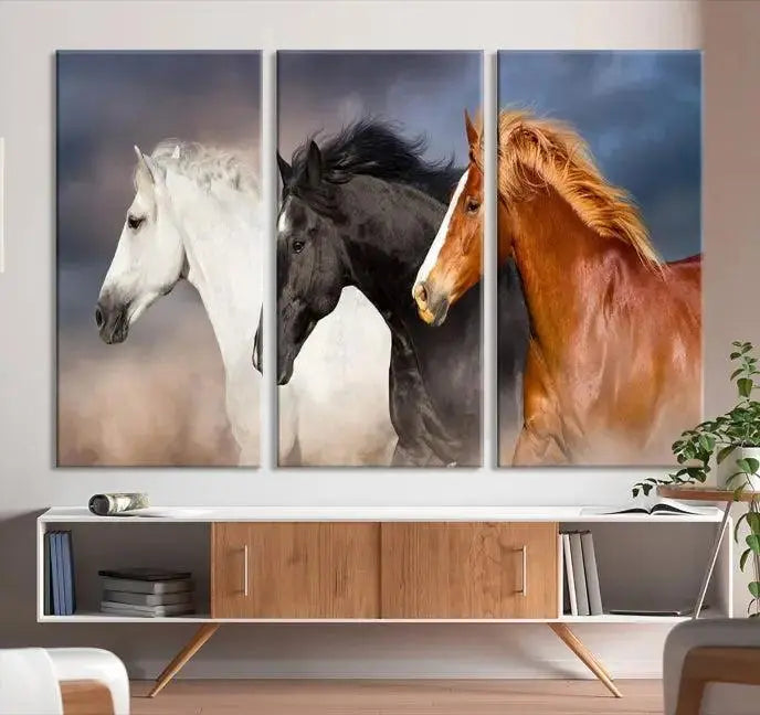 The modern living room is enhanced by the presence of the Animal Wall Art Three Horses Farmhouse Art Canvas Print, a triptych masterpiece. This gallery-wrapped piece is crafted on museum-quality canvas, ensuring a durable and fade-resistant finish with its UV-protective coating.