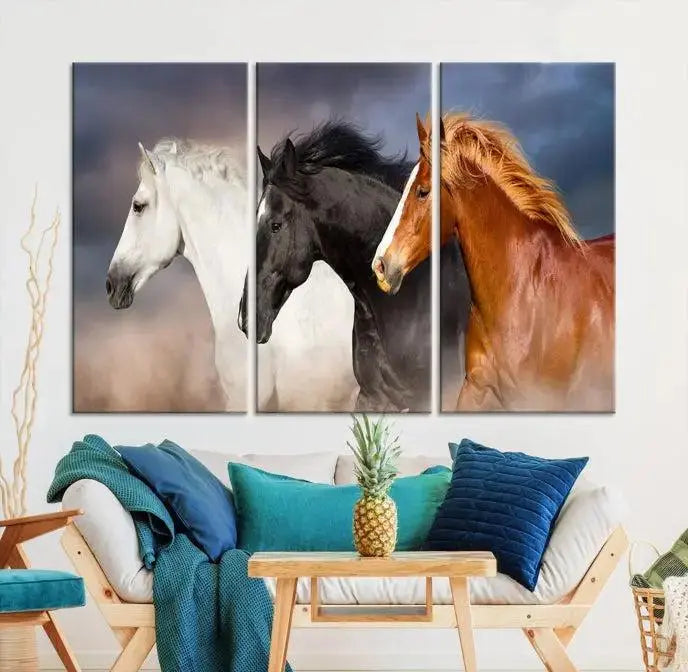 The modern living room is enhanced by the presence of the Animal Wall Art Three Horses Farmhouse Art Canvas Print, a triptych masterpiece. This gallery-wrapped piece is crafted on museum-quality canvas, ensuring a durable and fade-resistant finish with its UV-protective coating.