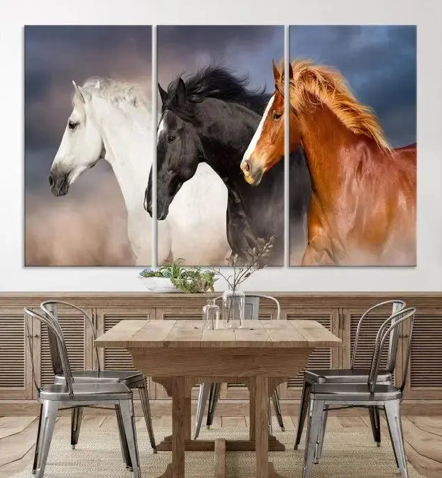 The modern living room is enhanced by the presence of the Animal Wall Art Three Horses Farmhouse Art Canvas Print, a triptych masterpiece. This gallery-wrapped piece is crafted on museum-quality canvas, ensuring a durable and fade-resistant finish with its UV-protective coating.