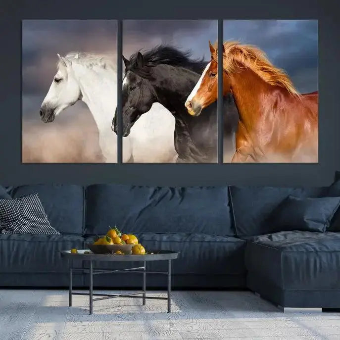 The modern living room is enhanced by the presence of the Animal Wall Art Three Horses Farmhouse Art Canvas Print, a triptych masterpiece. This gallery-wrapped piece is crafted on museum-quality canvas, ensuring a durable and fade-resistant finish with its UV-protective coating.