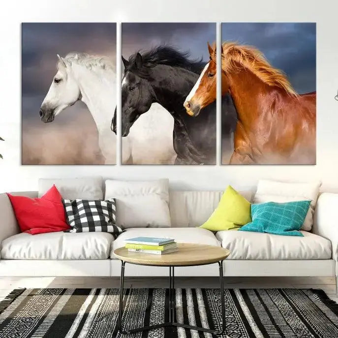 The modern living room is enhanced by the presence of the Animal Wall Art Three Horses Farmhouse Art Canvas Print, a triptych masterpiece. This gallery-wrapped piece is crafted on museum-quality canvas, ensuring a durable and fade-resistant finish with its UV-protective coating.