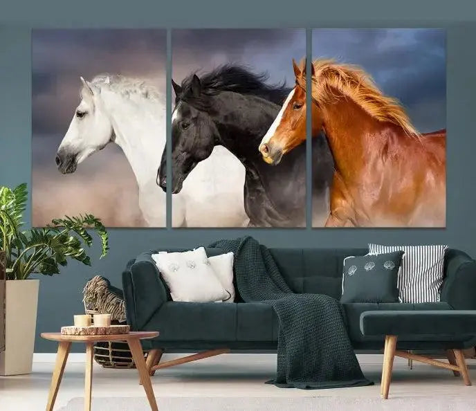 The modern living room is enhanced by the presence of the Animal Wall Art Three Horses Farmhouse Art Canvas Print, a triptych masterpiece. This gallery-wrapped piece is crafted on museum-quality canvas, ensuring a durable and fade-resistant finish with its UV-protective coating.