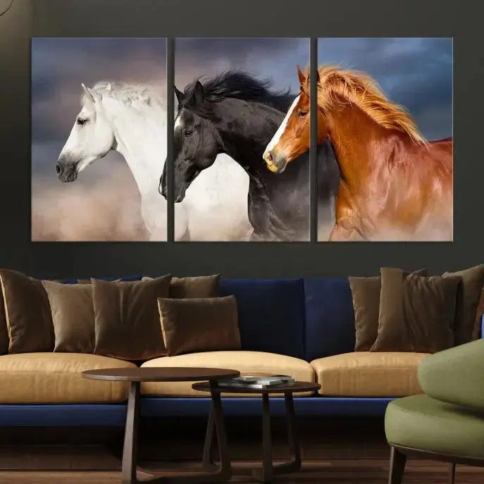 The modern living room is enhanced by the presence of the Animal Wall Art Three Horses Farmhouse Art Canvas Print, a triptych masterpiece. This gallery-wrapped piece is crafted on museum-quality canvas, ensuring a durable and fade-resistant finish with its UV-protective coating.