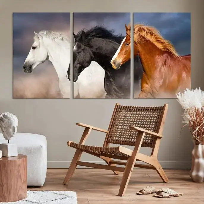 The modern living room is enhanced by the presence of the Animal Wall Art Three Horses Farmhouse Art Canvas Print, a triptych masterpiece. This gallery-wrapped piece is crafted on museum-quality canvas, ensuring a durable and fade-resistant finish with its UV-protective coating.