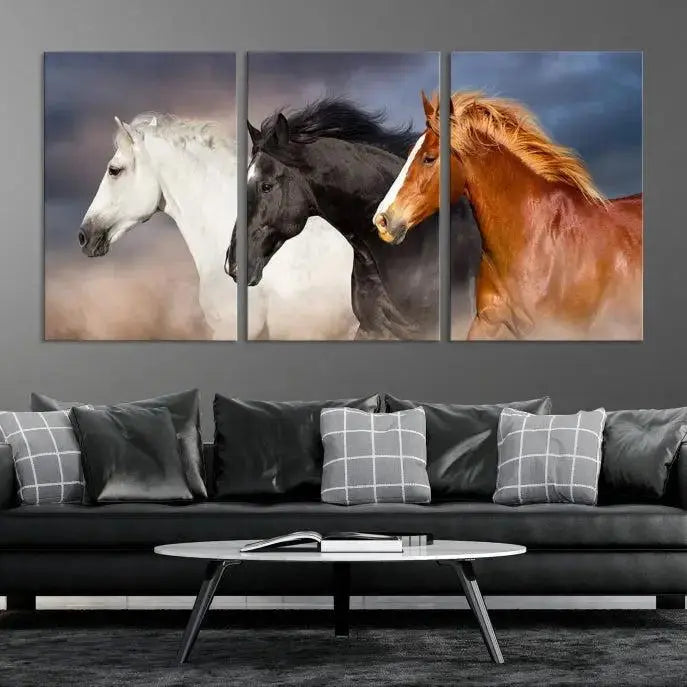 The modern living room is enhanced by the presence of the Animal Wall Art Three Horses Farmhouse Art Canvas Print, a triptych masterpiece. This gallery-wrapped piece is crafted on museum-quality canvas, ensuring a durable and fade-resistant finish with its UV-protective coating.