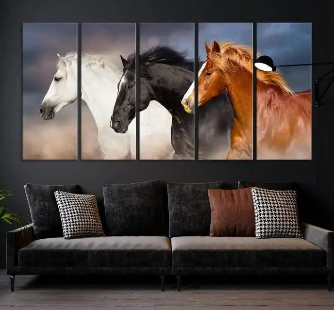 The modern living room is enhanced by the presence of the Animal Wall Art Three Horses Farmhouse Art Canvas Print, a triptych masterpiece. This gallery-wrapped piece is crafted on museum-quality canvas, ensuring a durable and fade-resistant finish with its UV-protective coating.